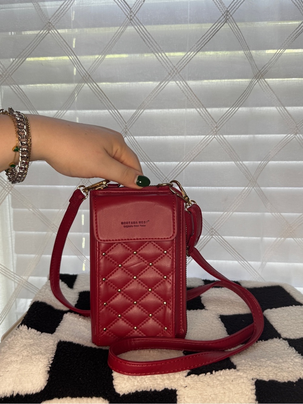 Montana West Red Quilted Studded Faux Leather Cell Phone Crossbody Purse